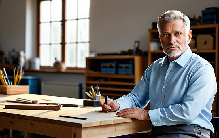 A professional, middle-aged man with a thoughtful expression, dressed in a modest business shirt and trousers, sitting at a natural wood desk in a sunlit, modern workshop. He is looking directly at the viewer, conveying sincerity and trust. The background shows blurred tools and materials, subtly suggesting craftsmanship and dedication. The atmosphere is calm and inviting, emphasizing transparency and genuine purpose. Safe for work, appropriate content, fully clothed, professional dress, perfect anatomy, correct proportions, natural pose, well-formed hands, proper finger count, natural body proportions, high-quality photography, studio lighting.